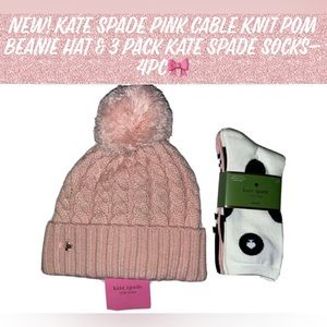 New! Kate Spade Pink Cable Knit Pom Beanie Hat & 3
Pack Kate Spade Socks- 4pc🎀
